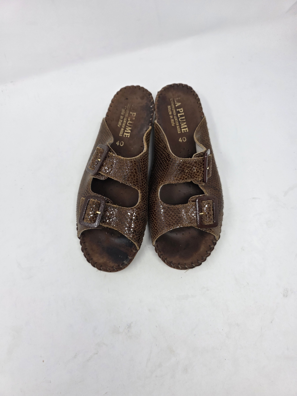La Plume Brown Leather Double Buckle Slide Sandals Women’s 40 Made in Italy